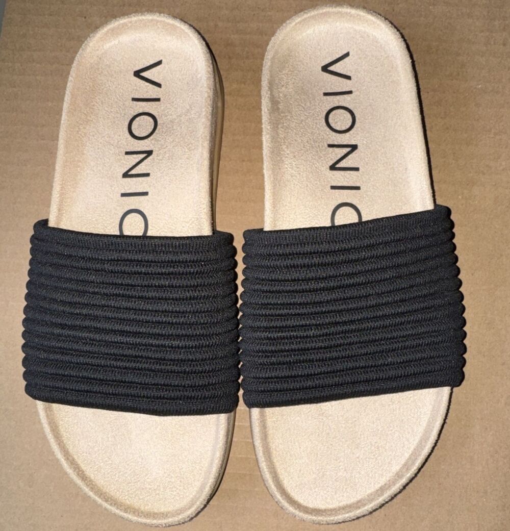 Vionic Evie Knit Black Ribbed Slide Sandals